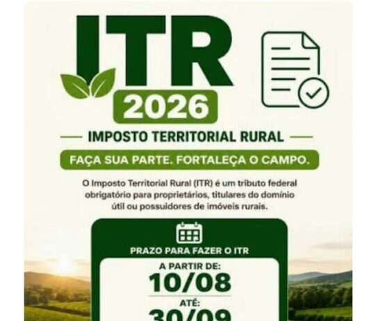 Alerta ao produtor: STRAAF avisa que prazo para entregar a Declaração do Imposto sobre a Propriedade Territorial Rural (ITR) 2026, encerra dia 30 de setembro. Para evitar multas pesadas no campo, o STRAAF oferece atendimento aos produtores rurais de Pirenópolis